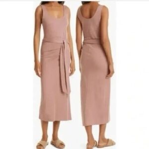 Vince Pima Cotton Square Neck Belted Midi Dress Mauve